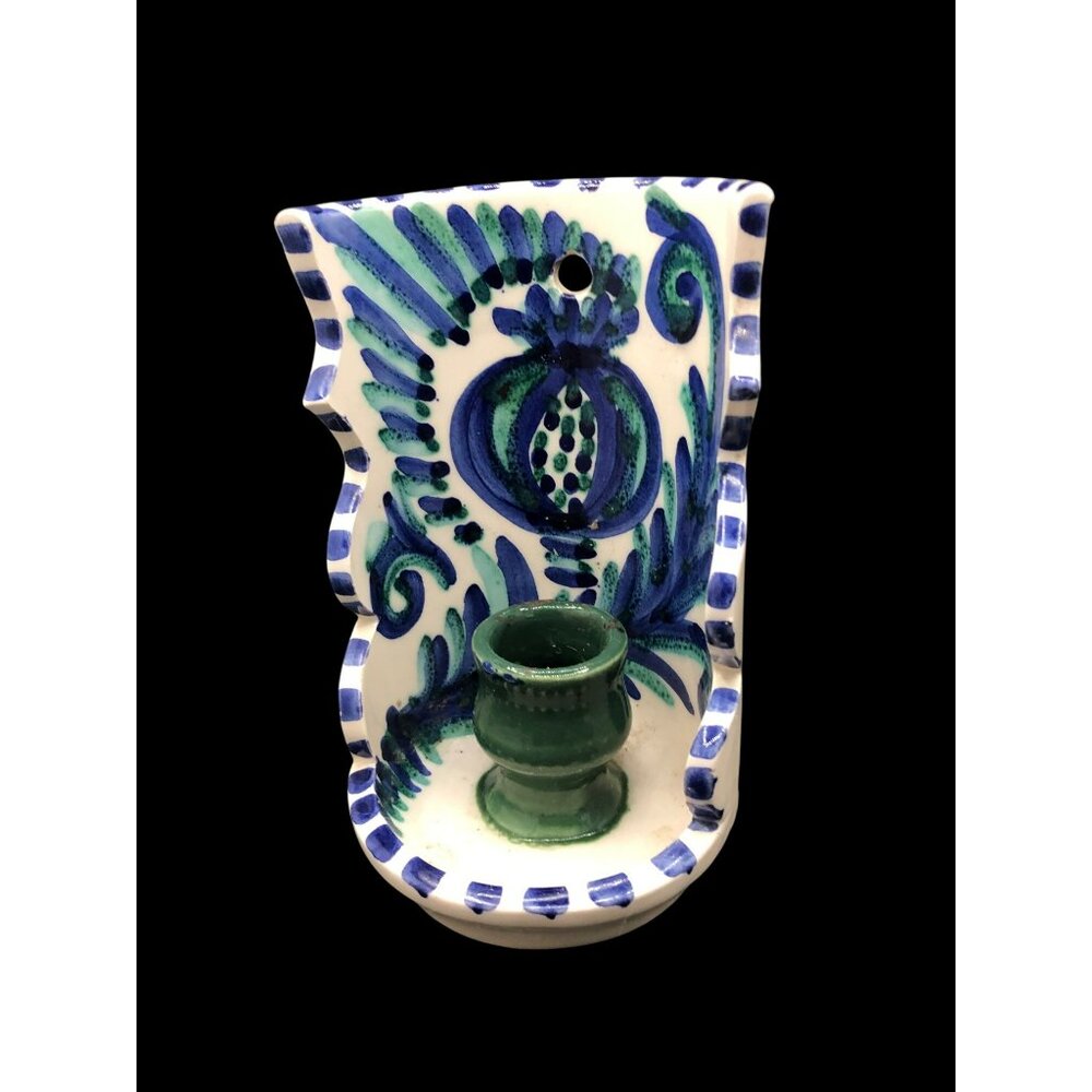 Vintage Spanish Fajalauza Ceramic Candleholder Hand-Painted Blue & Aqua Wall-Mou